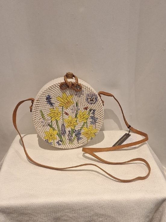 Source Unknown Handbags - Round Straw Crossbody Bag with Yellow Floral Embroidery